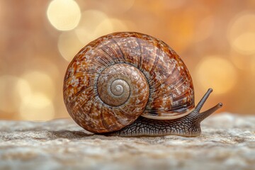 Aufkleber - Detailed close-up of a garden snail showcasing its shell texture and pattern in natural light during a warm afternoon