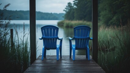 Aufkleber - Two blue chairs positioned on a wooden dock overlooking a tranquil lake.