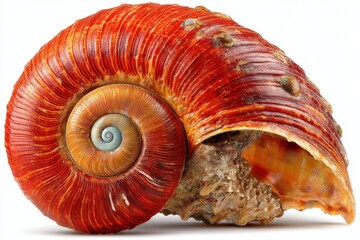 Poster - Colorful spiral shell located on a rocky beach showcasing vibrant textures and natural beauty during the golden hour