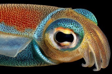 Poster - Intricate close-up of a vibrant underwater squid showcasing its colorful patterns and unique anatomy in a dark environment