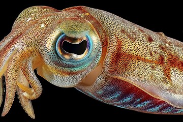 Poster - Close-up view of a squid showcasing vibrant colors and intricate textures in a dark environment