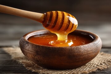 Aufkleber - Natural honey dripping from a wooden dipper into a rustic bowl during golden hour in a cozy kitchen setting