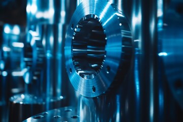 Poster - Close-up view of precision machined metal components in a manufacturing facility at dusk