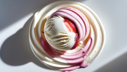 Poster - Vanilla and strawberry ice cream scoop isolated on background, top view
