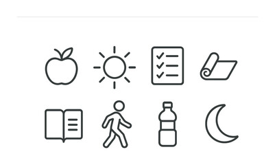 Poster - Health and wellness icons set: linear style featuring apple, sun, checklist
