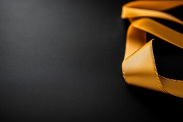 Poster - A neatly tied golden bow ribbon rests on a polished black surface, reflecting warm ambient lighting, adding a touch of elegance ideal for gifts or decorations
