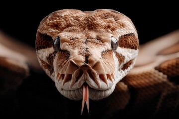 Poster - Close-up view of a textured snake showcasing its distinctive patterns and features in a dark environment