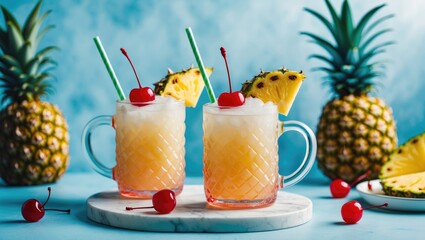 Aufkleber - Exotic pina colada cocktail featuring pineapple, cherry, and coconut in a glass