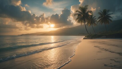 Aufkleber - Tropical landscape with an ocean view at dawn. Seaside at sunrise with a sandy, empty beach.