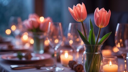 Aufkleber - Two gentle pink tulips illuminated by candlelight at a cozy gathering, setting a warm mood.