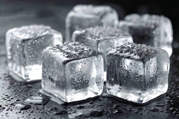 Poster - Ice cubes with condensation resting on a wet surface in a cool, dimly lit environment