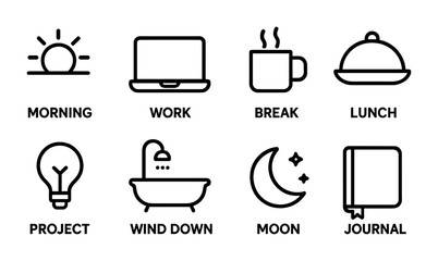 Poster - Daily routine icon set: morning to night activities in linear style