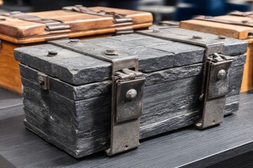 Aufkleber - Vintage black wooden box with metal clasps displayed on a shelf among other antique storage containers in a shop setting