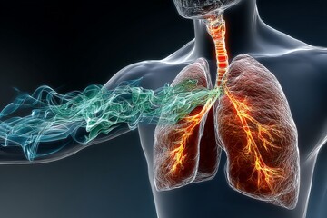 Poster - Digital illustration of human lungs demonstrating airflow and respiratory function with vibrant colors showcasing health dynamics