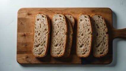 Poster - Three slices of bread on a wooden cutting board against a background