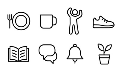 Poster - Minimalist linear icon set: dining, fitness, reading, communication, alert, nature