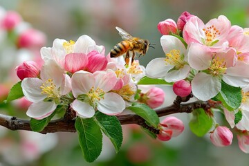 Poster - Bees pollinating apple blossoms during spring in a vibrant natural setting