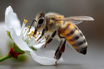 Poster - Honey bee collecting nectar from a white blossom in a spring garden during daylight hours