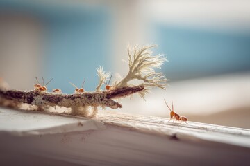 Poster - Group of ants carrying food along a branch with moss in a natural setting during daylight