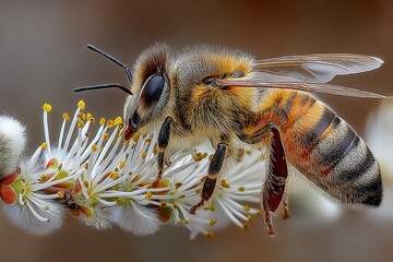 Poster - Honeybee collecting nectar from a flowering plant during spring in a natural setting