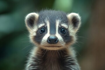 Aufkleber - Curious young raccoon with striking features gazes at the camera in a lush environment during daylight