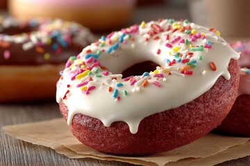 Aufkleber - Delicious red velvet donut with icing and colorful sprinkles on a wooden table