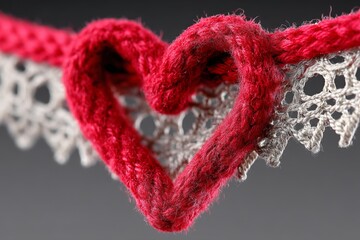 Poster - Crafted heart shape made from red yarn intertwined with lace against a dark background