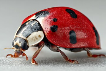 Poster - Close-up view of a vibrant ladybug crawling on a surface during daylight