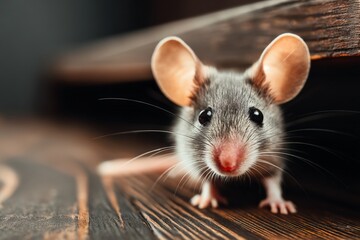 Aufkleber - Small gray mouse exploring wooden surface in indoor environment during daylight hours