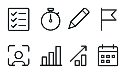 Poster - Set of 3d linear business management icons - checklist, timer, pencil, flag, profile, chart, calendar