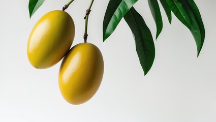 Aufkleber - Two ripe mangoes with green leaves hanging on the branch isolated on background.