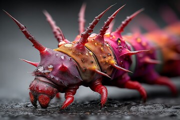 Poster - Colorful spiny caterpillar crawling on a dark surface in a natural setting during daylight