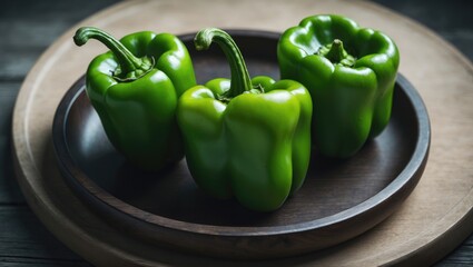 Aufkleber - Close-up of three sweet green peppers on a clay dish placed on a wooden table, top view