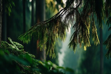 Poster - Lush green branches of evergreen trees glowing in soft sunlight during early morning in a peaceful forest
