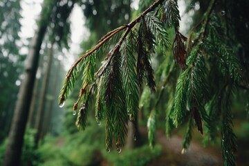 Poster - Fresh green pine needles glisten with raindrops in a dense forest during early morning
