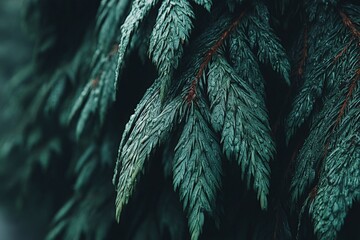Fototapete - Detailed close-up of green coniferous tree leaves in a natural forest setting during early morning light