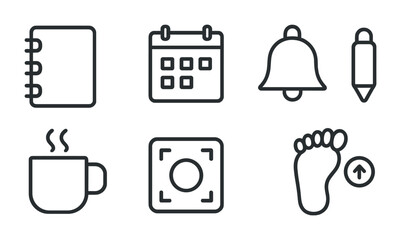 Poster - Minimalist productivity icons set: notebook, calendar, bell, pencil, coffee, target, footprint