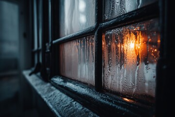 Poster - Raindrops on a foggy window with warm light glowing in the background during a rainy evening