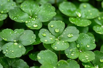 Poster - Fresh green clover leaves glistening with raindrops after a light rain shower in a lush garden setting