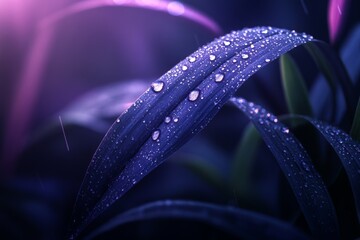 Fototapete - Water droplets adorn dark green leaves in a moody twilight garden setting
