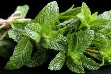 Poster - Fresh mint leaves bundled for use in culinary dishes and beverages during a summer gathering