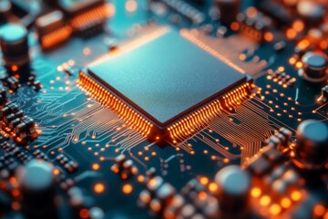 Fototapete - Close-up of a computer chip with glowing circuits and intricate details at a technology lab in the evening