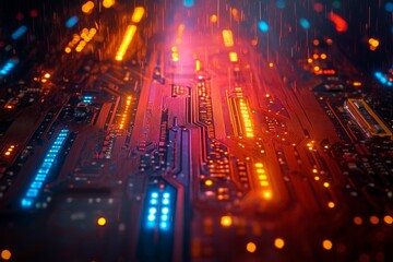 Poster - Colorful glowing circuit board with rain effect showcasing digital technology and innovation in a dark environment