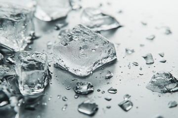 Leinwandbilder - Ice cubes scattered on a reflective surface with droplets of water in a cool and refreshing setting