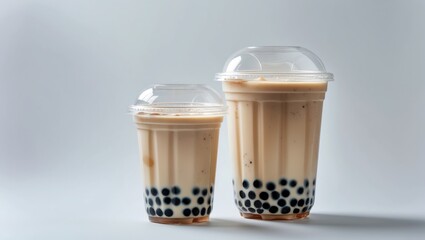 Aufkleber - Pair of plastic glasses filled with ice milk tea and boba, sweet drink in different-sized plastic cups on white background, food and beverage concept