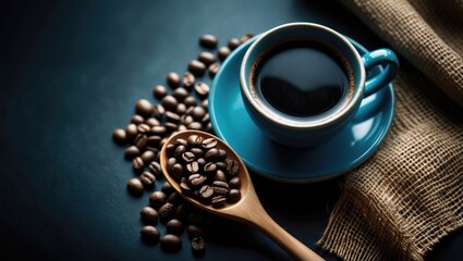 Poster - Overhead shot showcasing a coffee mug filled with coffee and scattered beans