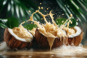 Aufkleber - Coconut halves spill creamy mixture surrounded by tropical leaves in a vibrant setting