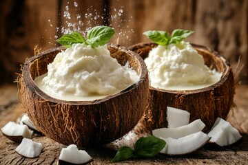 Poster - Coconut bowls filled with creamy dessert garnished with fresh leaves on rustic wooden surface