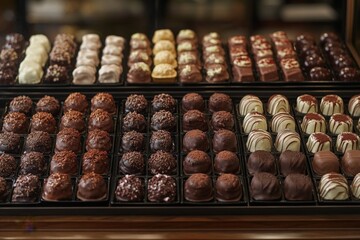 Poster - Delicious assortment of handmade chocolates displayed in a shop during daylight hours