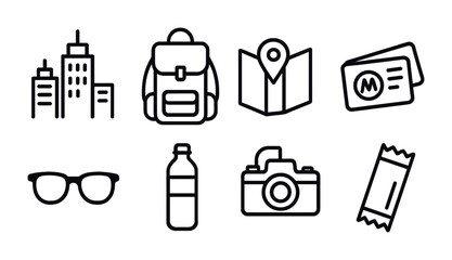 Poster - Travel essentials icons set: linear style for urban exploration
